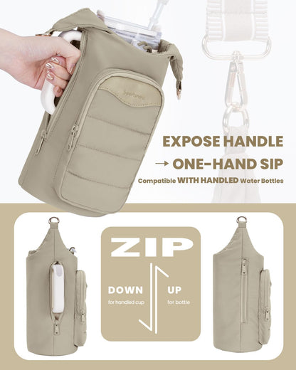 sportsnew Water Bottle Holder, Crossbody Insulated Cup Sleeve for 30oz/40oz Tumbler with Handle, Puffy Carrier Bag with Phone & RFID-Blocking Card Pocket & Drawstring Closure for Quick Access
