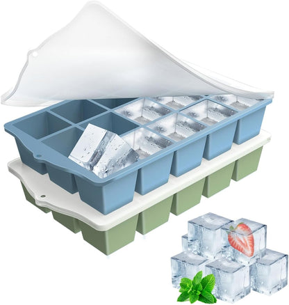 Silicone Ice Cube Tray, 2 Pack Easy-Release Stackable Ice Trays for Freezer with Lid 15 Reusable Cubes, Food Grade BPA Free Ice Molds for Whiskey, Baby Food, Coffee, Cocktail, Drinks (Blue)