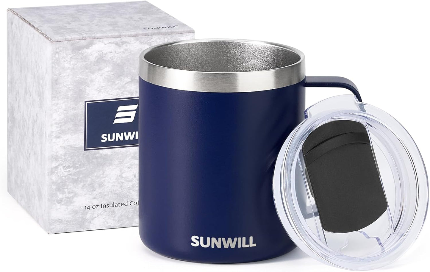 SUNWILL Travel Coffee Mug with Lid, Insulated Tumbler with Handle, 14 oz Stainless Steel Cup for Ice, Water, Tea, Rose Gold