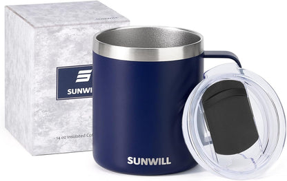 SUNWILL Travel Coffee Mug with Lid, Insulated Tumbler with Handle, 14 oz Stainless Steel Cup for Ice, Water, Tea, Rose Gold