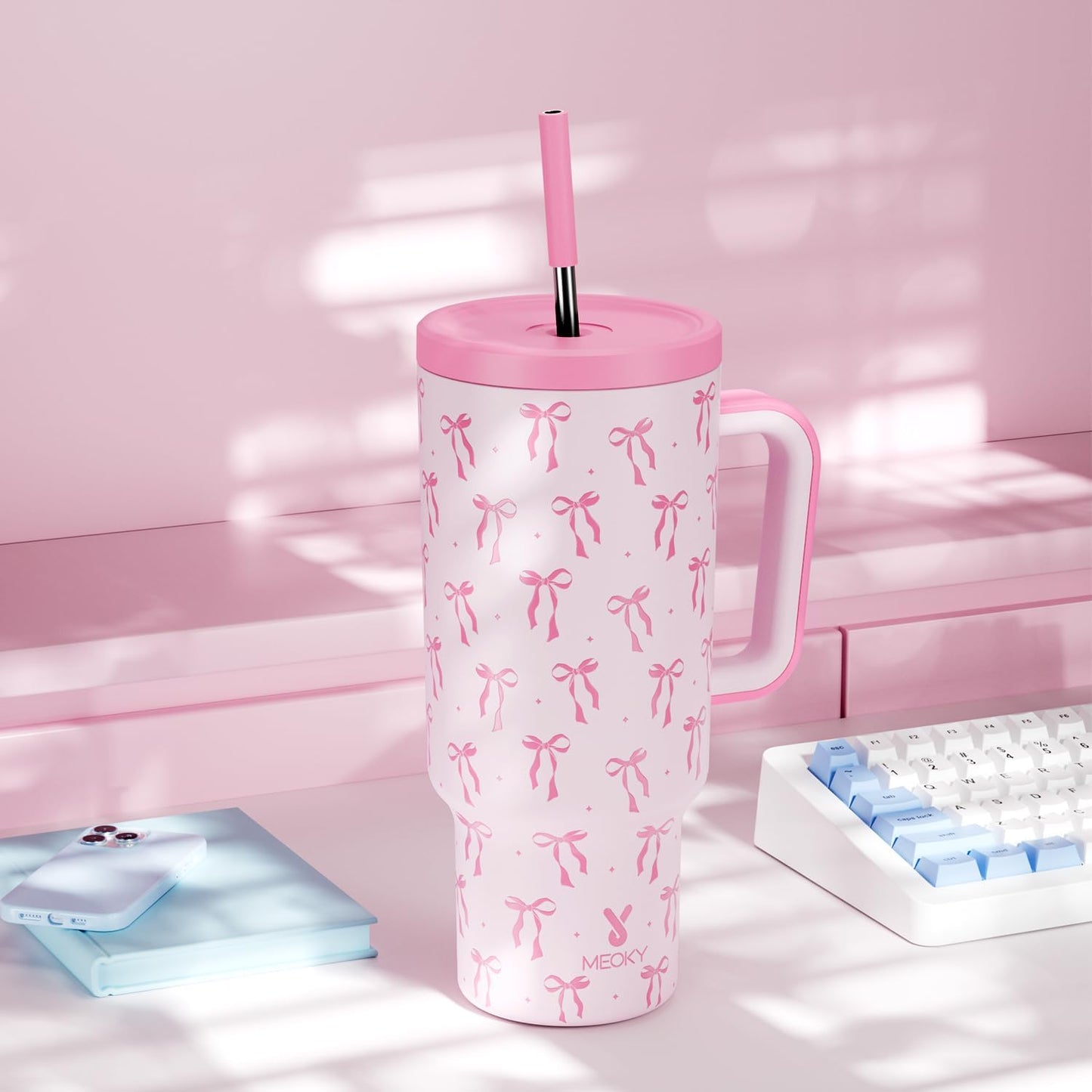 Meoky 40 oz Tumbler with Handle and Straw: Stainless Steel Insulated Tumbler with Lid and Straw - 100% Leak Proof Tumbler for Car Cup Holders - Travelers Commuters Workers, Donut