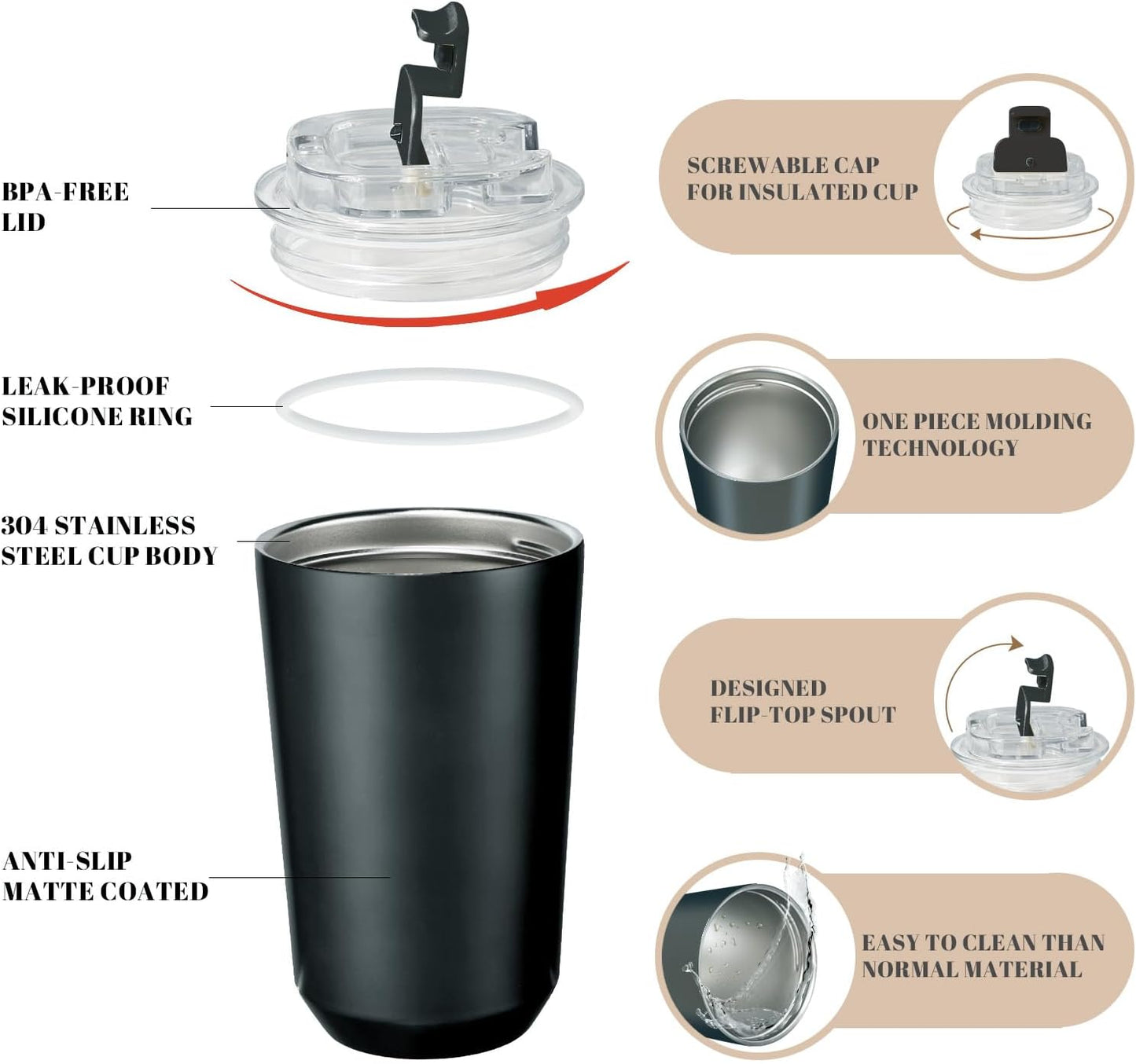 Puraville Insulated Tumblers with Lid, 14 oz Travel Coffee Mug Stainless Steel Vacuum Cup, Leak Proof Reusable Double Walled Coffee Tumbler for Iced and Hot Drinks, Cream