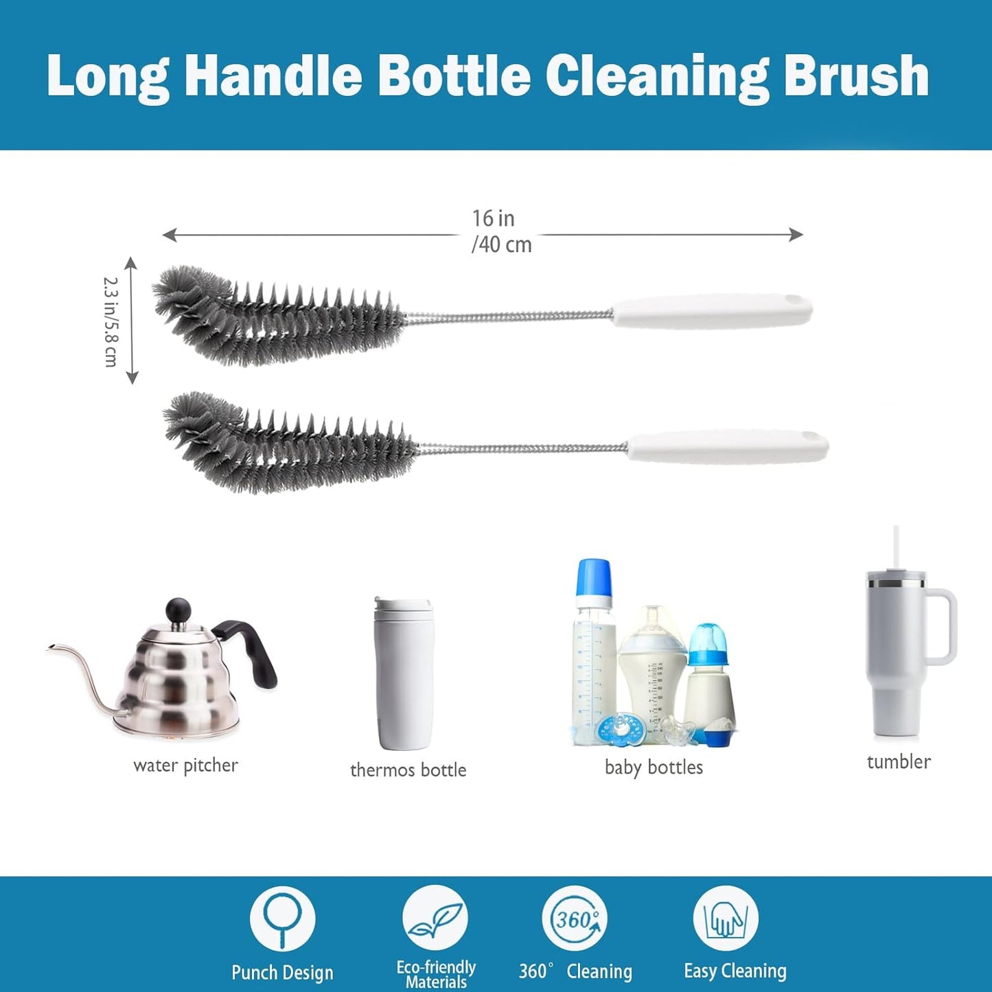 16 inches Long Handle Black Bottle Cleaning Brushes - Perfect for Baby Bottles, Sports Bottles, Glassware, Mugs, Jars, and Stemware (1-pc)