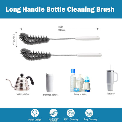 16 inches Long Handle Black Bottle Cleaning Brushes - Perfect for Baby Bottles, Sports Bottles, Glassware, Mugs, Jars, and Stemware (1-pc)