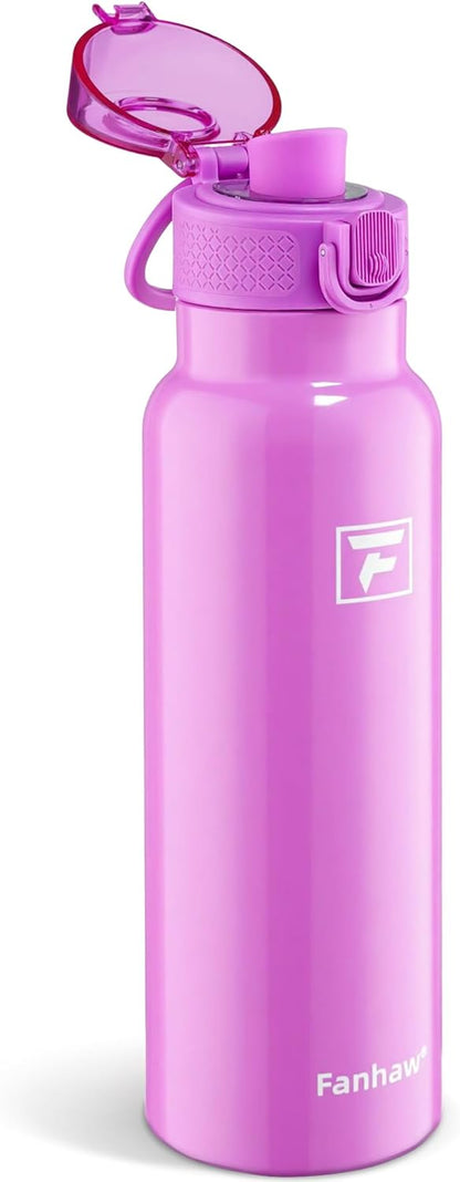 Fanhaw 24 oz Insulated Water Bottle with Soft Silicone Spout Lid, Leakproof Stainless Steel Vacuum Bottle for School, Sports& Daily Use, Kids, Teens& Adults, Back to School Essentials (Pink)