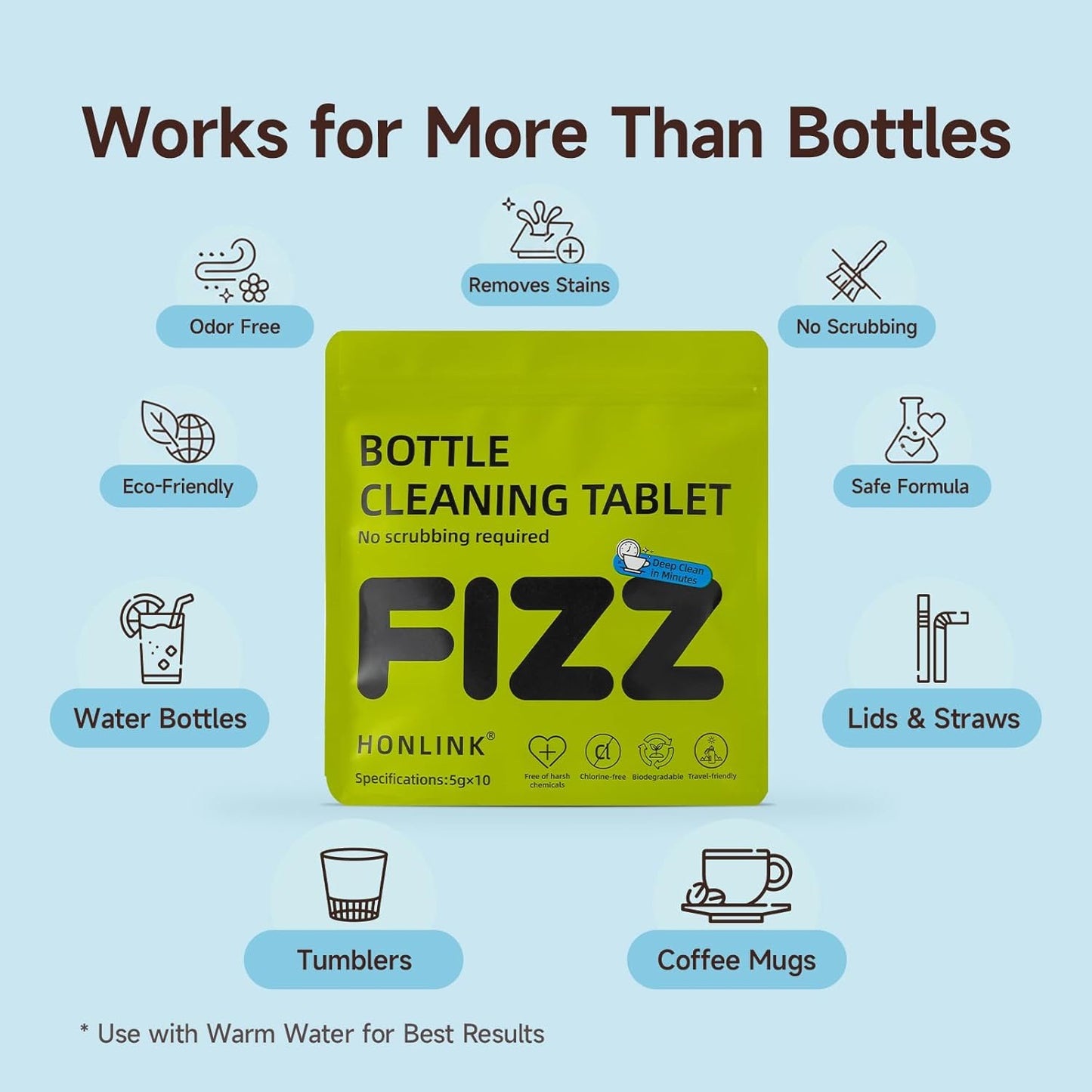 Bottle Cleaning Tablets for Water Bottles, Tumblers & Straws – No Scrubbing Cleaner Tablets Remove Odor & Residue for Insulated Bottles, Protein Shakers, Coffee Cups & Lids, 10 Count