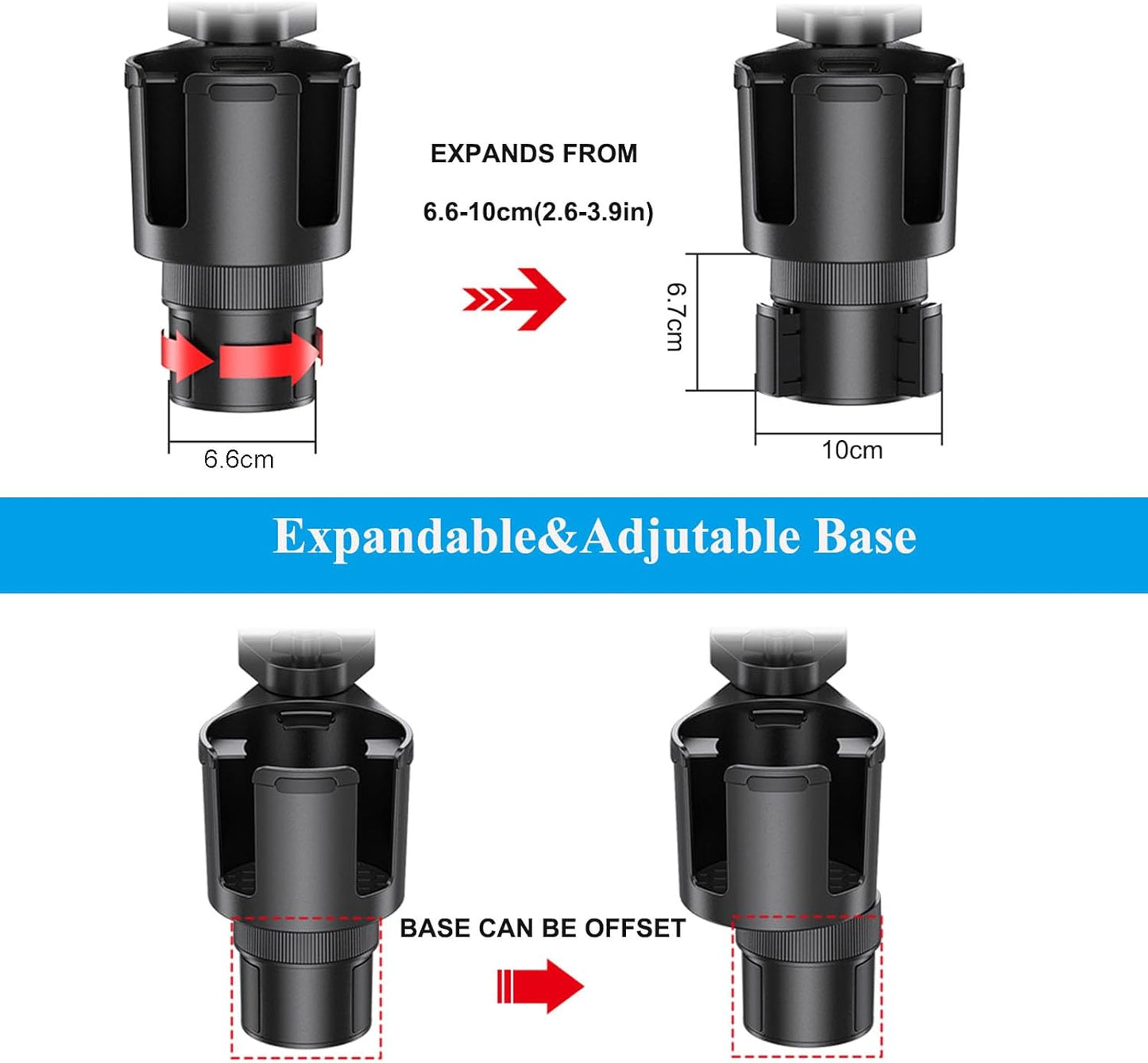 Car Cup Holder Tray, 5 in 1 Adjustable Car Cup Holder Expander Detachable Car Food Tray & Organizer – Automotive Cup Tray Table 9.8”with 360° Rotation with Phone Mount, Fit in 2.6"-3.9" Car Holder