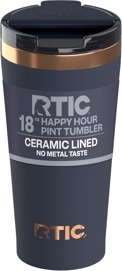 RTIC 18oz Happy Hour Pint Tumbler with Lid, Insulated, Ceramic Lined, Stainless Steel Metal, Portable Travel Cup for Hot and Cold Drink, Black Cherry