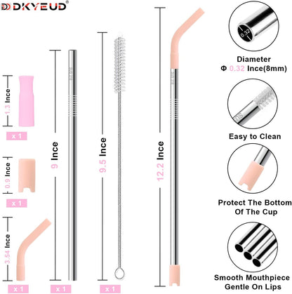 Reusable Stainless Steel Straws Set 6 PCS with 6 Silicone Tips, 2 Straw Brush, 1 Storage Case, Different Sizes of Metal Straws Reusable, Suitable for 14, 20, 30 oz Cups Tumbler, for Hot/Cold Drinks
