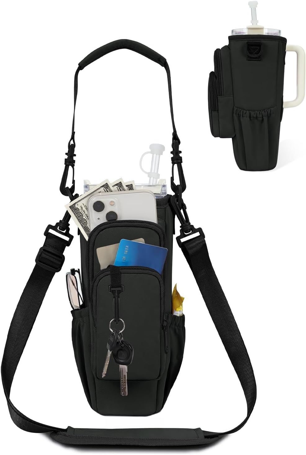 sportsnew Water Bottle Carrier Bag with Phone Pocket for 30oz 40oz Tumbler with Handle Accessories Insulated Water Bottle Holder Pouch with Strap Crossbody with Straw Cover