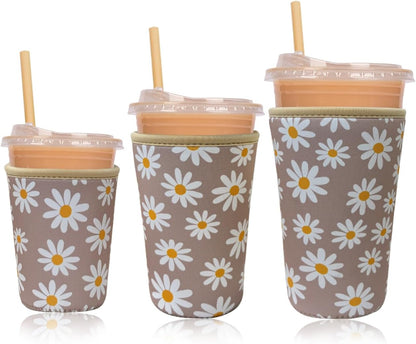 Reusable Insulated Neoprene Iced Coffee Cup Sleeve, Durable Drink Sleeve for Cold Beverages, Beverage Holder for Iced Coffee, Floral Checkers