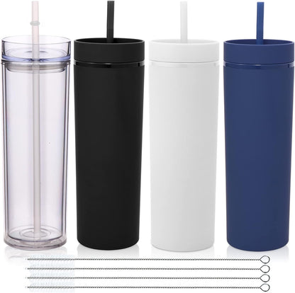 Volhoply 20oz Plastic Skinny Tumbler,Double Wall Tumblers with Lid and Straw,Reusable Travel Iced Coffee Mug,BPA Free Matte Acrylic Water Cups With Straw for Parties,DIY Gifts(Black,1 Set