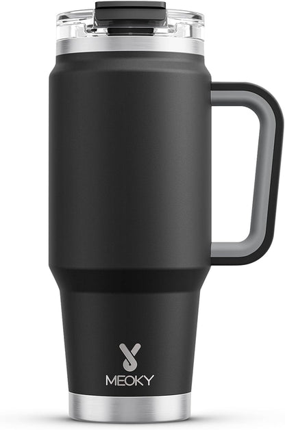 Meoky 32 oz Tumbler with Handle, Insulated Tumbler with Lid and Straw, Stainless Steel Travel Mug, Keeps Cold for 24 Hours, 100% Leak Proof, Fits in Car Cup Holder (Night)