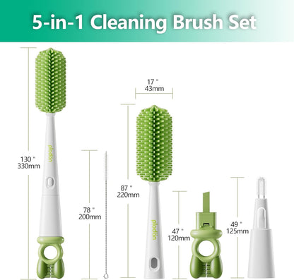 Detachable 5-in-1 Bottle Cleaning Brush Set - Silicone Baby Bottle Brush Cleaner Kit with Nipple Brush, Detail Brush & Straw Brush, Portable Long Handle Bottles Scrubber Cleaning Tool