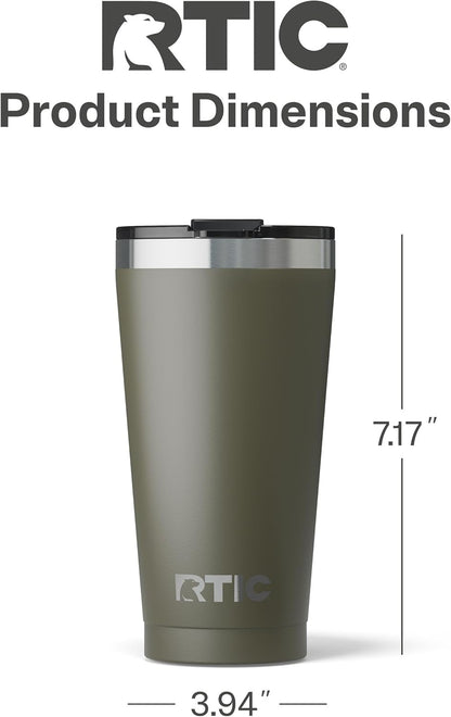 RTIC 16oz Essential Pint Tumbler with Lid, Ceramic Lined, Insulated, Stainless Steel, Metal, Double Wall Vacuum-Insulation, Portable Travel Cup for Beer, Iced Coffee, Tea, Hot and Cold Drink, Olive