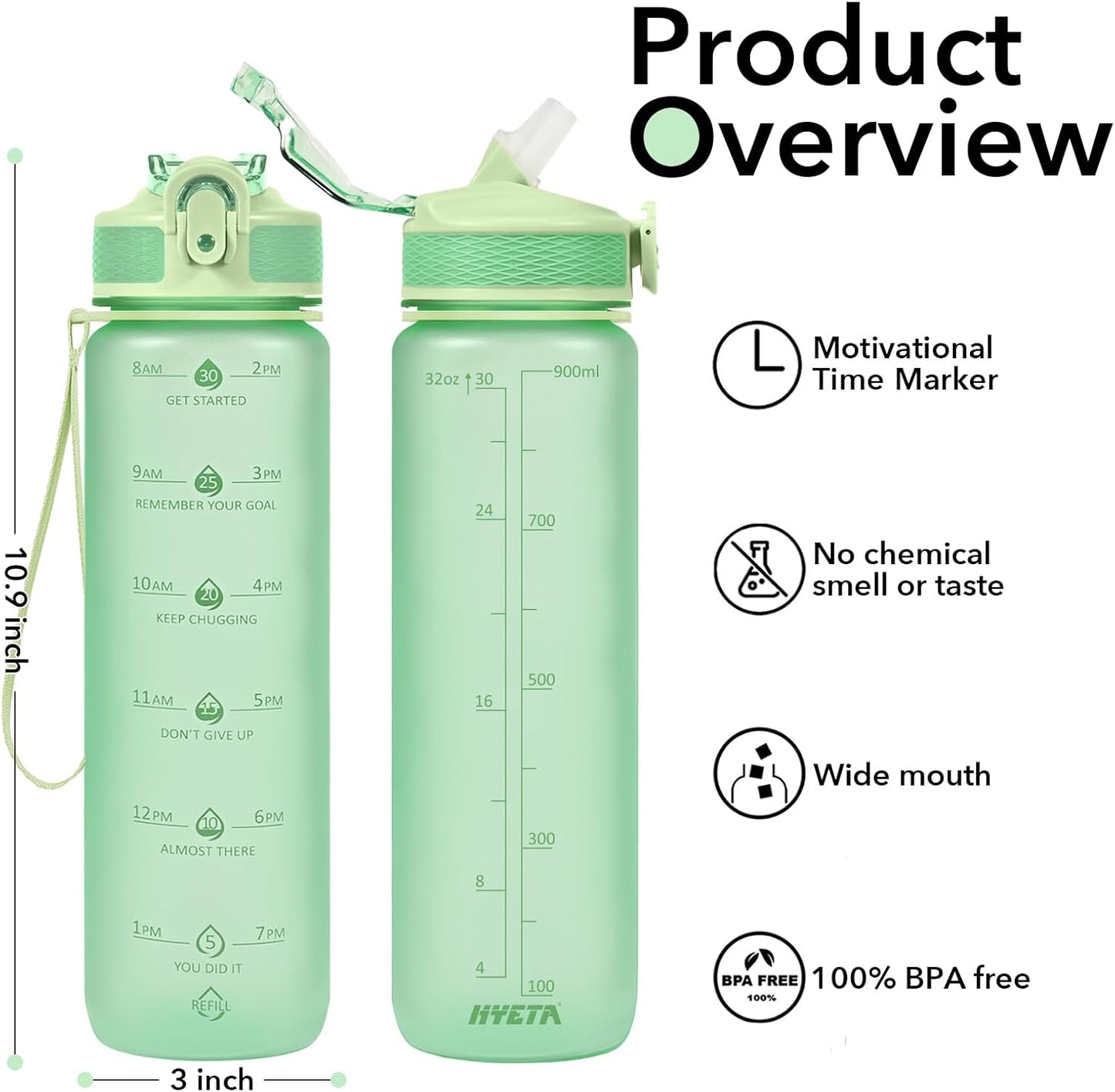 Hyeta 32oz Water Bottles with Straw - Stay Motivated and Hydrated with Convenient Times to Drink Markings, Durable, Leak-proof