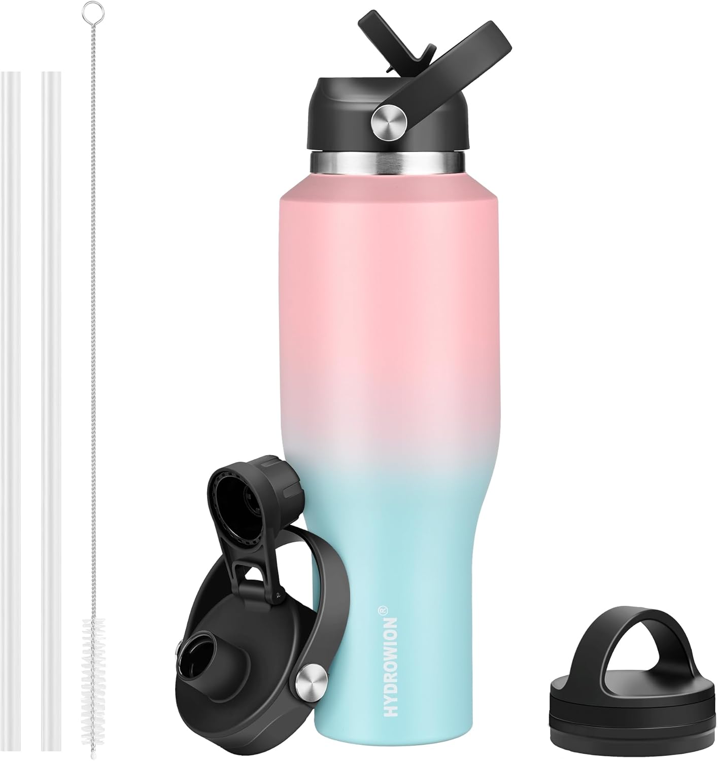 HYDROWION 32oz Stainless Steel Water Bottle(Cold for 48 Hrs, Hot for 24 Hrs),Double Wall Vacuum Insulated Water Bottle with Straw Lid, Spout Lid and Flex Cap, Fit in Any Car Cup Holder,Black