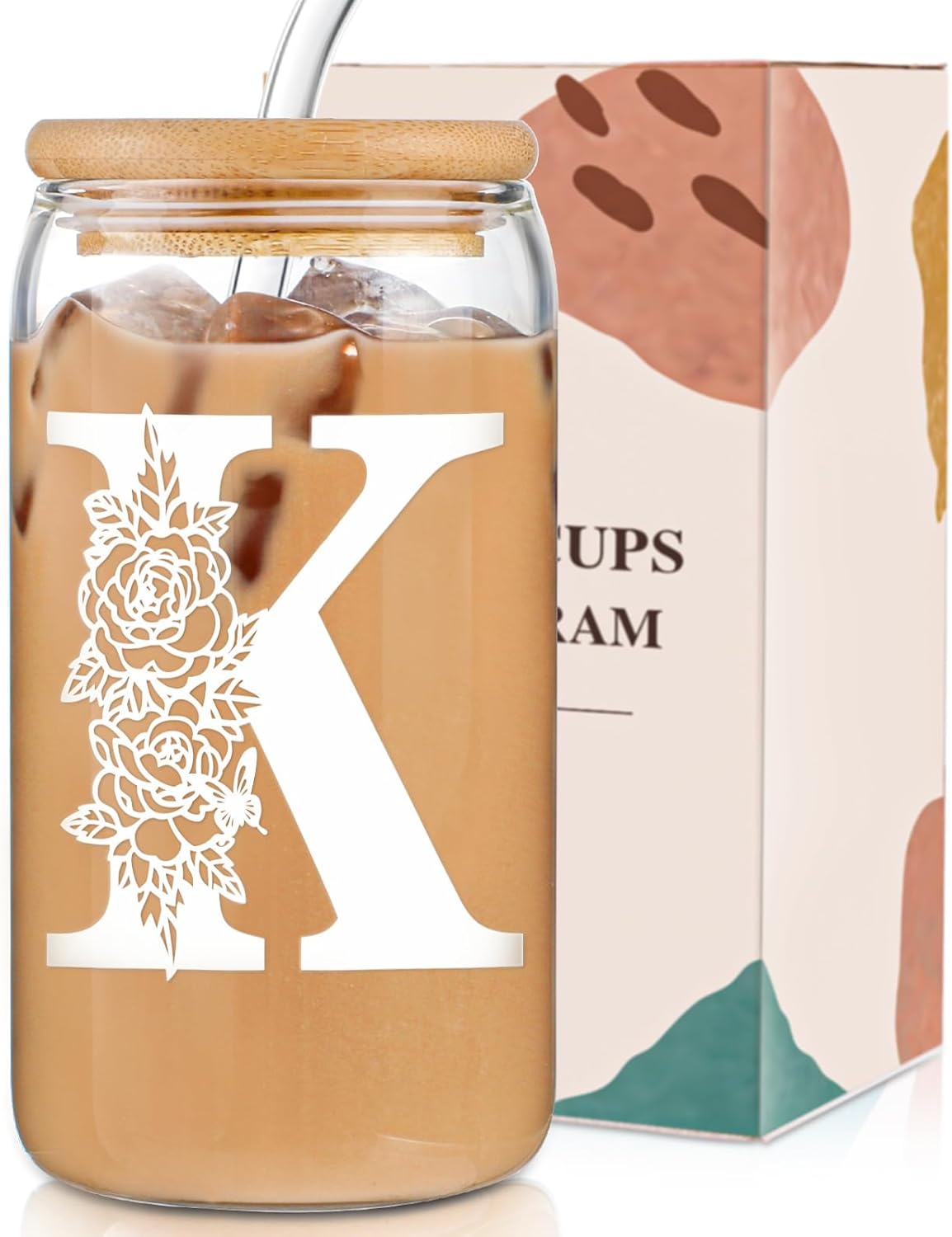 Glass Cups with Lids and Straws: Personalized Initial Glass Cup Be Used As Reusable Iced Coffee Cups with Lids,Cute Matcha Tumbler - The Christmas/Birthday Gifts for Women - M Smoothie Cup