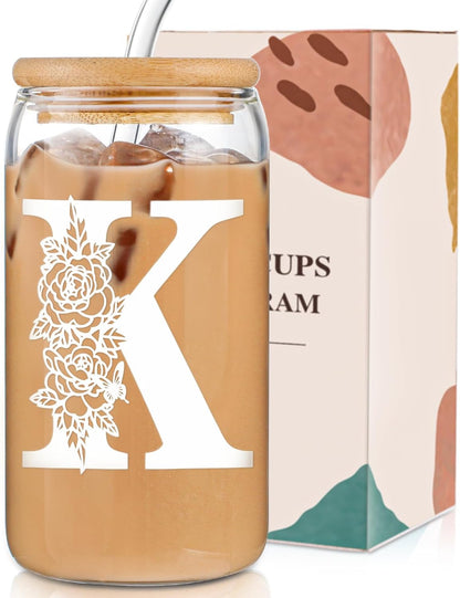 Glass Cups with Lids and Straws: Personalized Initial Glass Cup Be Used As Reusable Iced Coffee Cups with Lids,Cute Matcha Tumbler - The Christmas/Birthday Gifts for Women - M Smoothie Cup