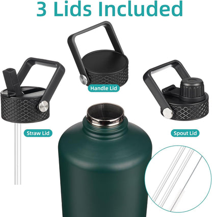 Konokyo 22oz Stainless Steel Bottles with 3 Lids Sport Insulated Water Bottle,Mint
