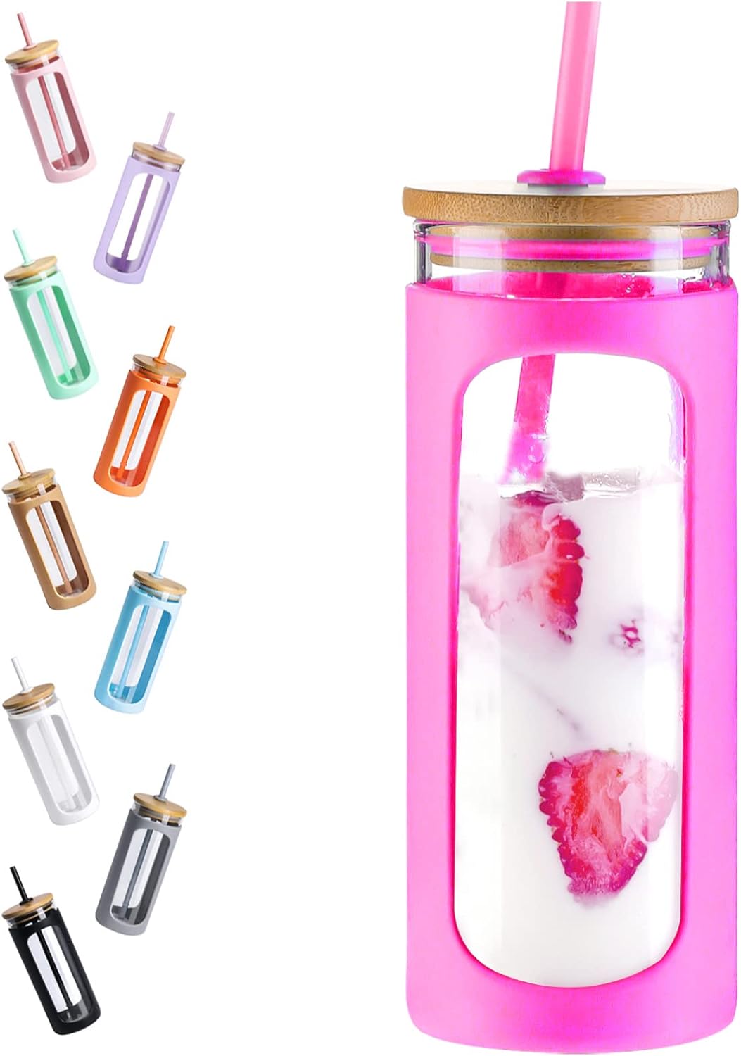 Kodrine 20oz Glass Water Tumbler with Straw and Lid, Bamboo Lids Water Bottle, Iced Coffee Cup Reusable, Wide Mouth Smoothie Cups with Protective Silicone Sleeve BPA FREE-Black - Colors B