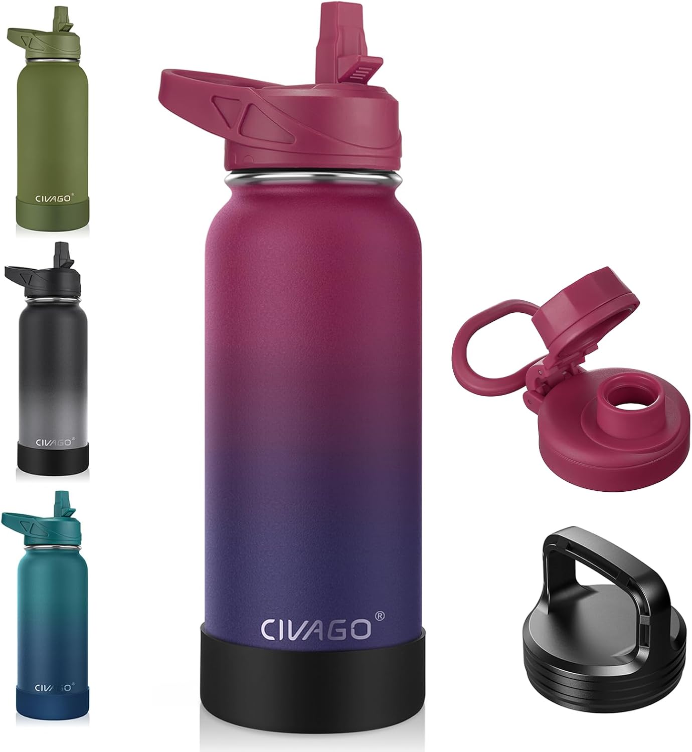 CIVAGO 32 oz Insulated Water Bottle With Straw, Stainless Steel Sports Water Cup Flask with 3 Lids (Straw, Spout and Handle Lid), Wide Mouth Travel Thermal Mug, Black