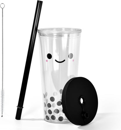 sweet grain Reuasble Boba Cup, 24 oz 100% Leak Proof and Double Wall Insulated Iced Coffee Tumbler with Reusable Plastic Straws and Straw Cleaner(Sky Blue)