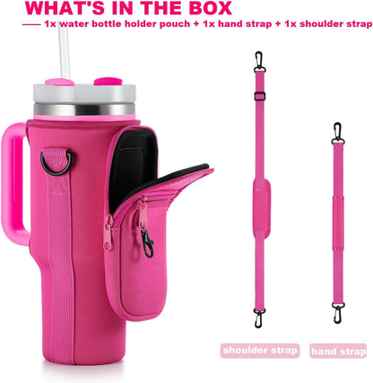 BULKITEM Water Bottle Carrier Bag with Phone Pocket for Stanley 40 & 30 oz Tumbler with Handle,Pink Insulated Neoprene Cup Holder Pouch w/Adjustable Strap for Quencher H2.0 Stanley Cup Accessories