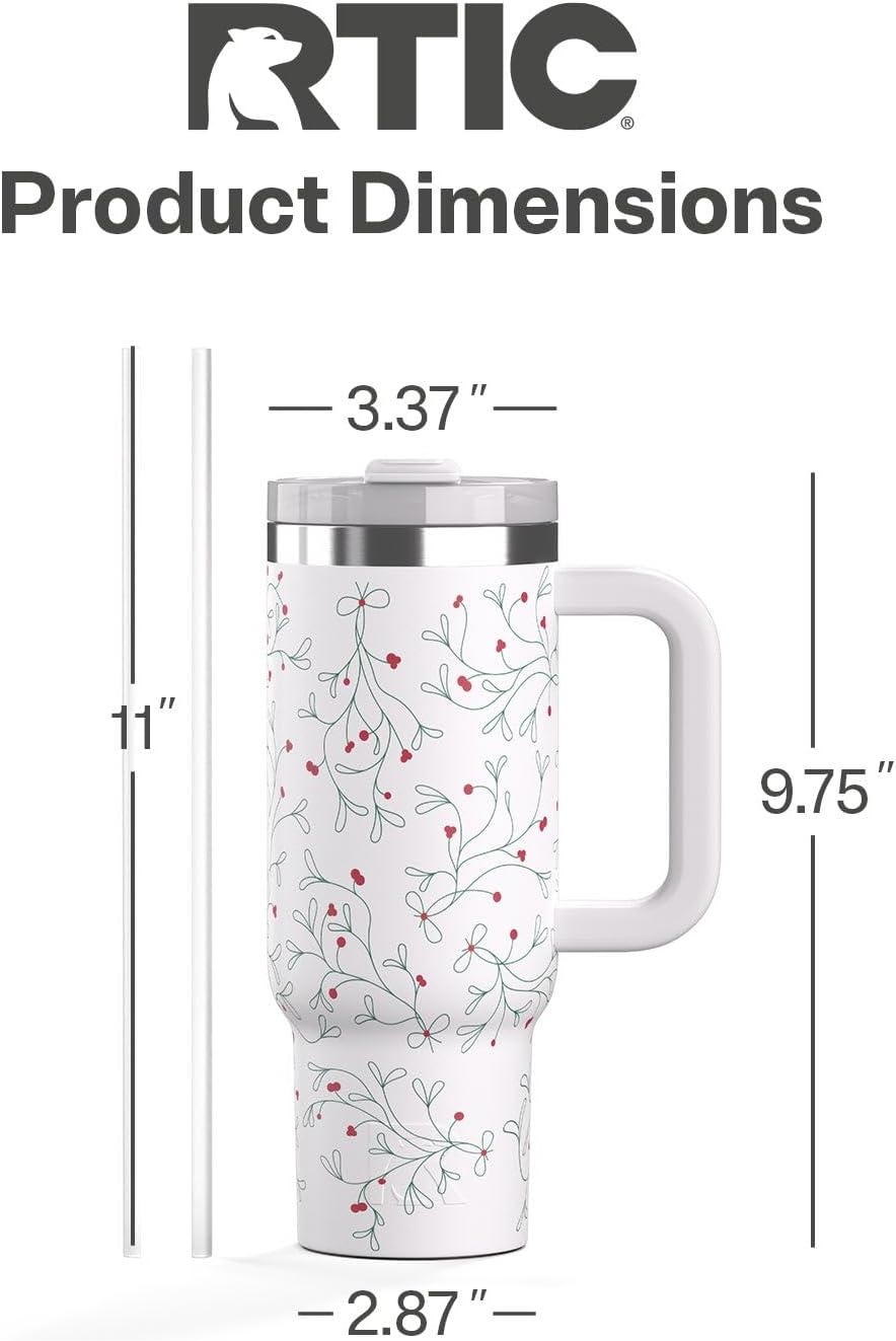 RTIC 30 oz Road Trip Tumbler Double-Walled Ceramic Lined InsulatedStainless Steel Portable Travel Coffee Mug Cup with Lid, Handle and Straw, Periwinkle Bouquet