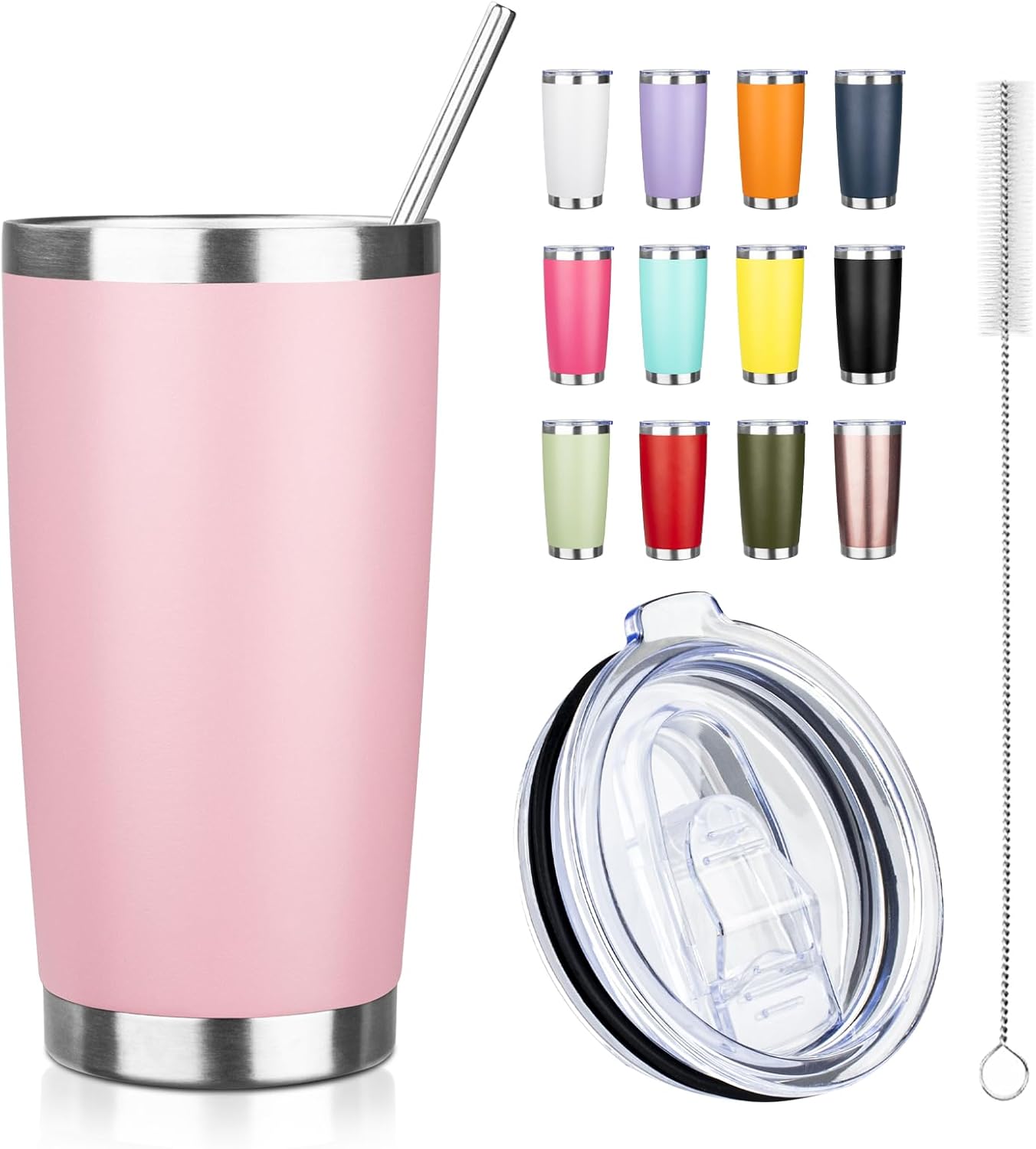 20oz Tumbler with Straw and Brush, Stainless Steel Vacuum Insulated tumbler, Double Wall Insulated Coffee Tumbler for Outdoor, Home, Travel,Office (Buff,1pcs)