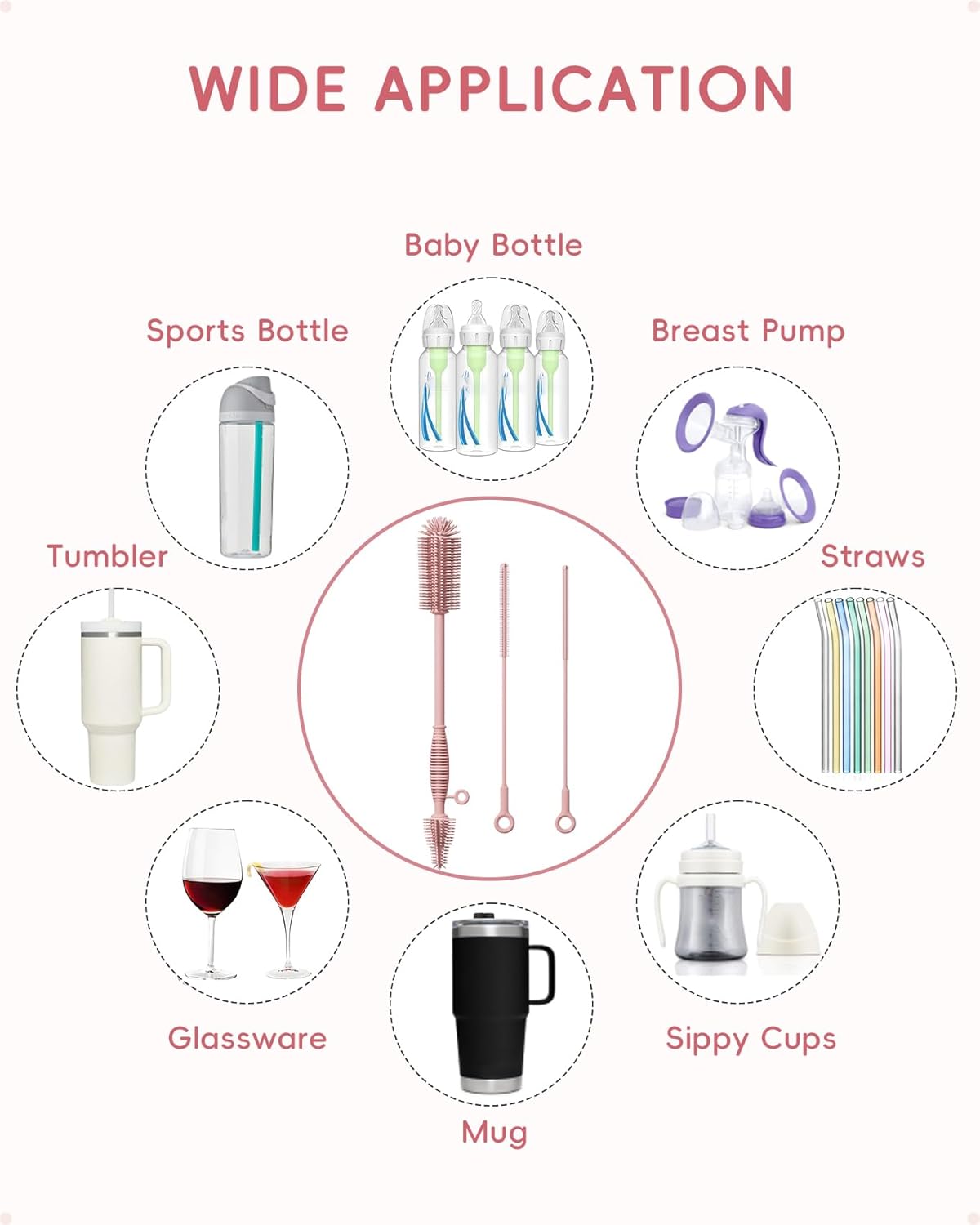 Silicone Cleaning Brush Kit,Water Bottle and Straw Cleaner Brush Set for Tumbler,Baby Bottle,Breast Pump Part,Nipple,Sippy Cup,Glass,Dishwasher Safe,BPA Free,3 Pcs
