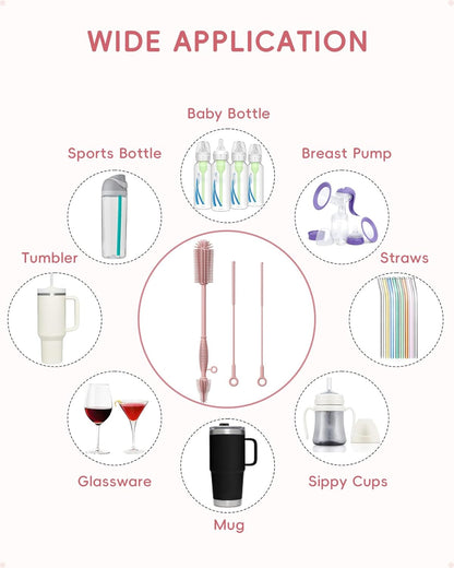 Silicone Cleaning Brush Kit,Water Bottle and Straw Cleaner Brush Set for Tumbler,Baby Bottle,Breast Pump Part,Nipple,Sippy Cup,Glass,Dishwasher Safe,BPA Free,3 Pcs
