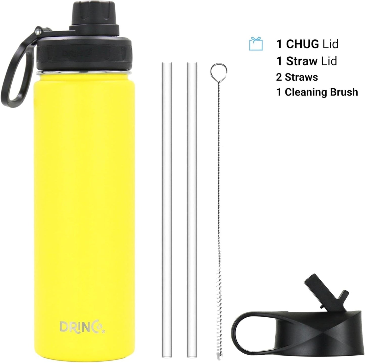Drinco Stainless Steel Water Bottle Spout Lid Vacuum Insulated Double Wall Water Bottle Wide Mouth (40oz 32oz 22oz 18oz 14oz) Leak Proof Keep Cold Sport Camping Hiking (22 oz, 22oz Black)