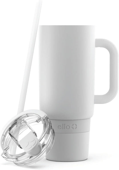 Ello Port 40oz Tumbler with Carry Loop & Integrated Handle, Vacuum Insulated Stainless Steel Reusable Water Bottle, Travel Mug with Leak Proof Lid & Straw, Perfect for Iced Coffee & Tea, White