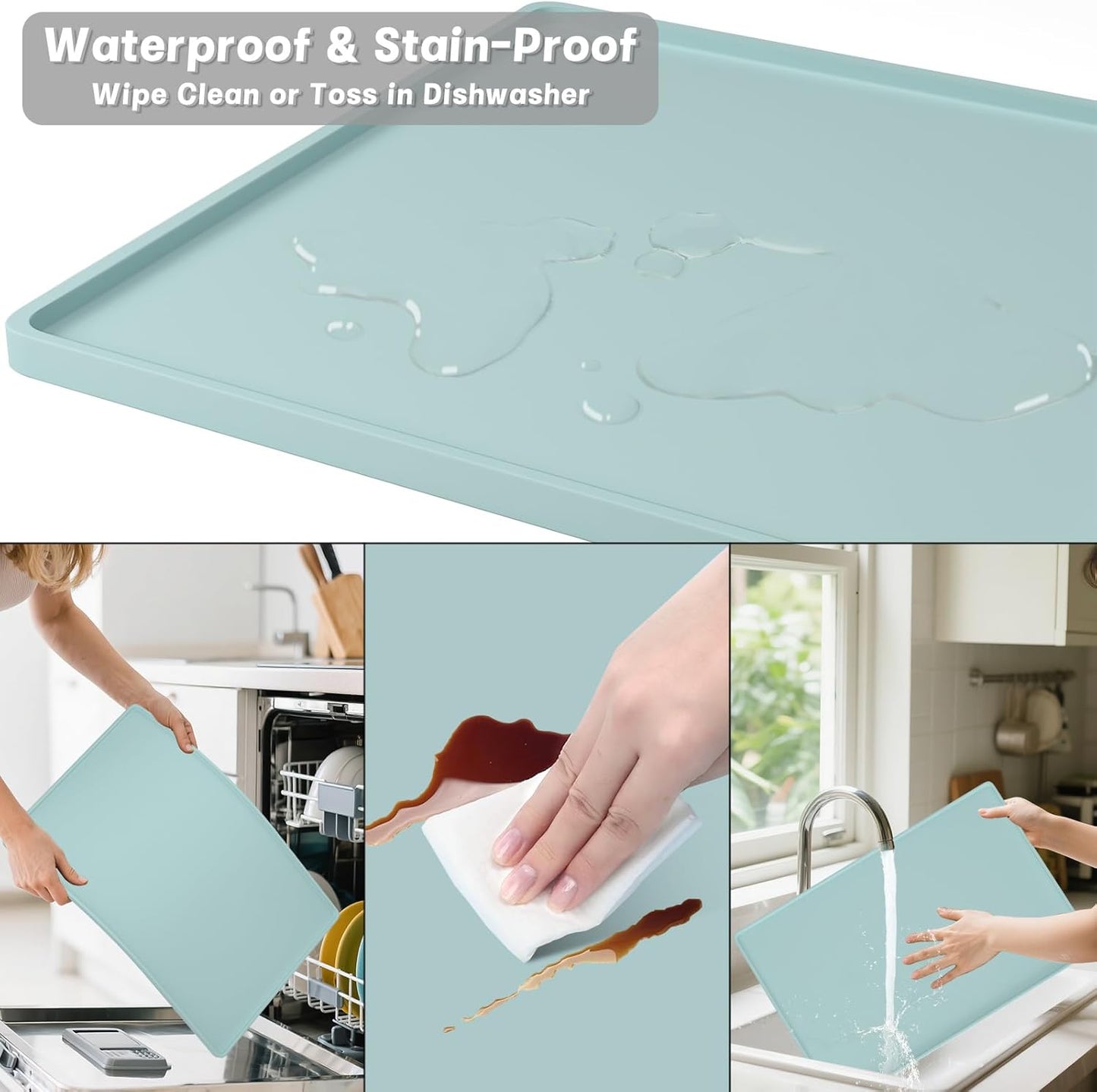 Rnivvi Silicone Coffee Mat, 16" x 24" Waterproof Raised Edge Coffee Bar Mats for Espresso Machine Station Accessories, Heat Resistant Detachable Dish Drying Pad for Kitchen Counter, Dish Rack, Green