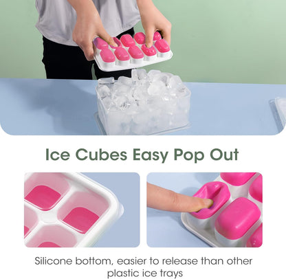 DOQAUS Ice Cube Tray with Lid and Bin - 4 Pack Silicone Ice Cube Trays for Freezer, Stackable Ice Bucket Kits with Storage Container & Scoop for Kitchen, RV, Cocktail, Coffee