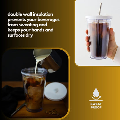 Reusable Iced Coffee Cup 16 Oz, Leakproof Iced Coffee Tumbler, Clear Plastic Tumbler with Lid and Straw, Double Wall Insulated, BPA-Free, No Sweat, for Hot and Cold Drinks