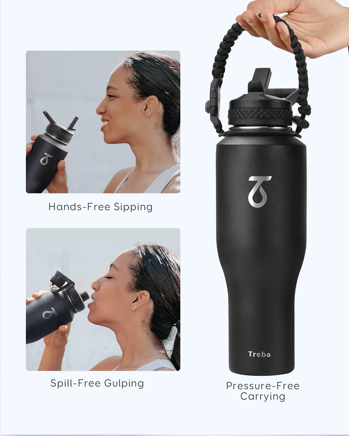 Trebo 40 oz Water Bottle Insulated Fit Car Cup Holder with Handle, Stainless Steel Water Bottles Tumbler with Spout Straw Lids, Double Wall Travel Reusable Flask, Leakproof Mug,Keep Cold &Hot,Black