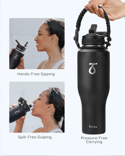 Trebo 40 oz Water Bottle Insulated Fit Car Cup Holder with Handle, Stainless Steel Water Bottles Tumbler with Spout Straw Lids, Double Wall Travel Reusable Flask, Leakproof Mug,Keep Cold &Hot,Black