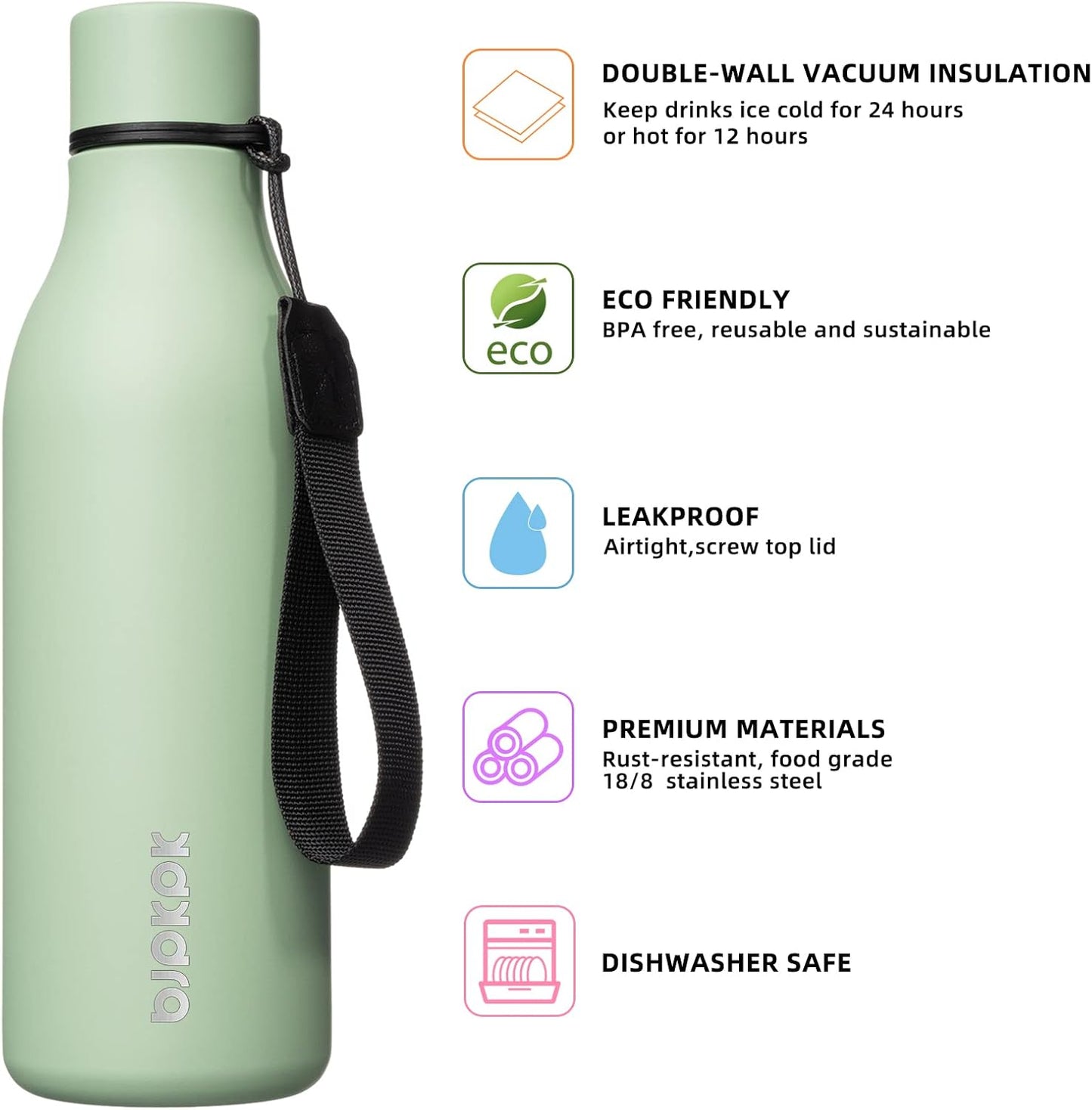 BJPKPK Insulated Water Bottles, 18 oz Stainless Steel Metal Water Bottle with Strap, BPA Free Leak Proof Jugs, Mugs, Flasks, Reusable Thermal Flasks for Sports & Travel, Black - Colors A