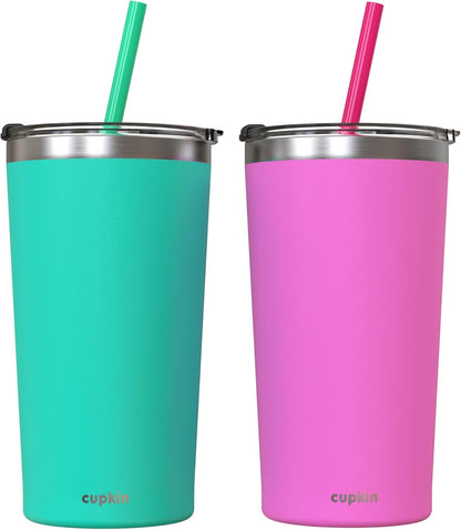 CUPKIN Stainless Steel Insulated Tumbler with Lid and Straw, 20 oz Stainless Steel Cups, Set of 2 Travel Coffee Mug for Adults, Iced Coffee Cup with Lid, Tumbler for Travel (Coral + Yellow)