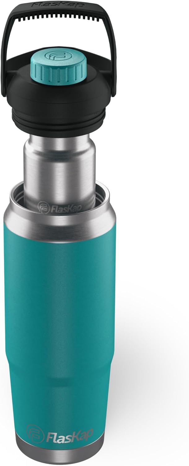 Flaskap FreePour System: 6oz Mixed Drink Tumbler Attachment and 26oz Cup Holder Friendly, Stainless Steel Water Bottle, Removable Hidden Flask Reservoir
