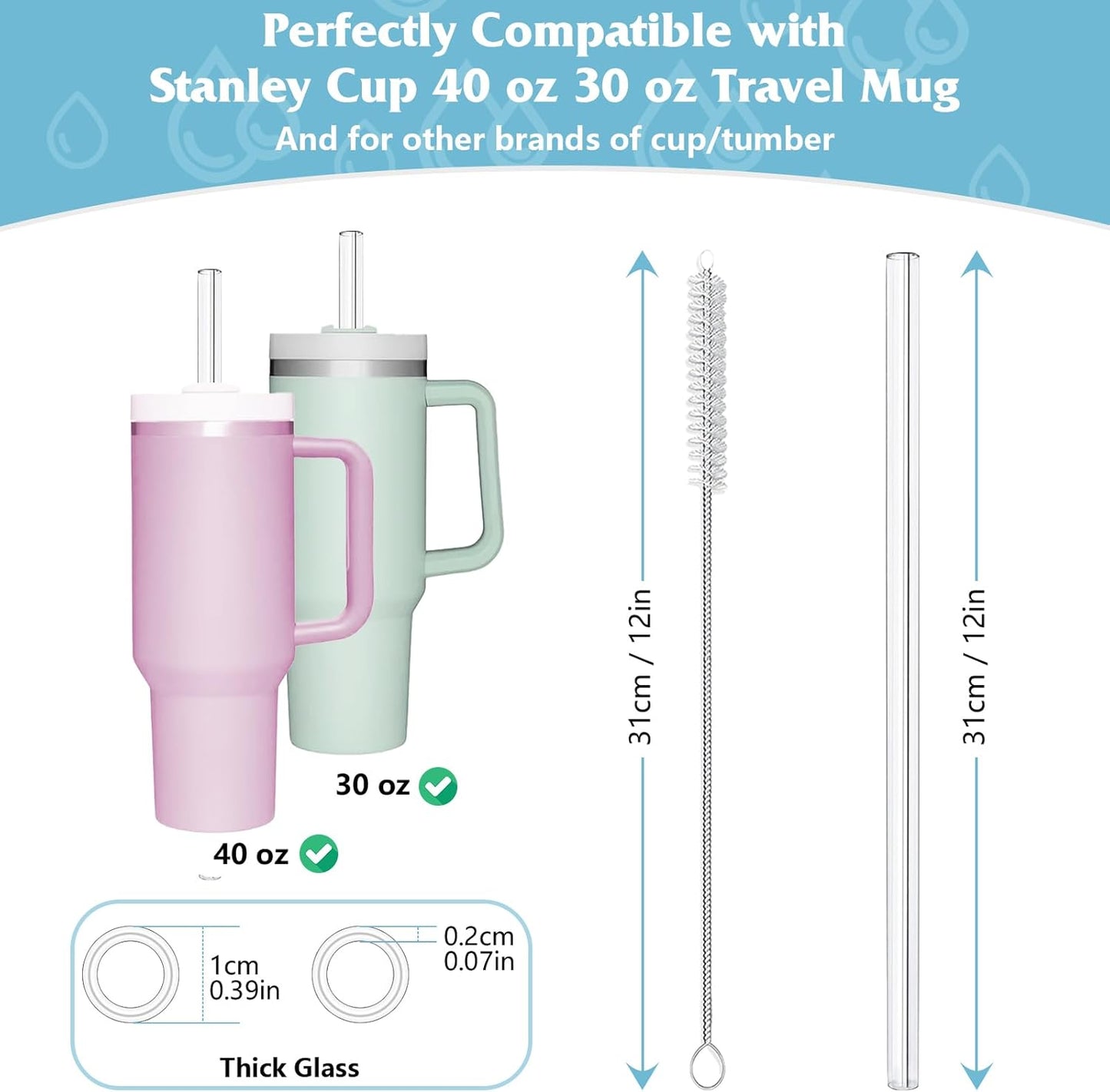 AOTWAN Glass Straws for Stanley 10 Pack 40/30 oz Tumbler,12inch Replacement Straw for Stanley 4 Straight and 4 Bent with 2 Brushesh,Reusable Glass Straws for Stanley Cup