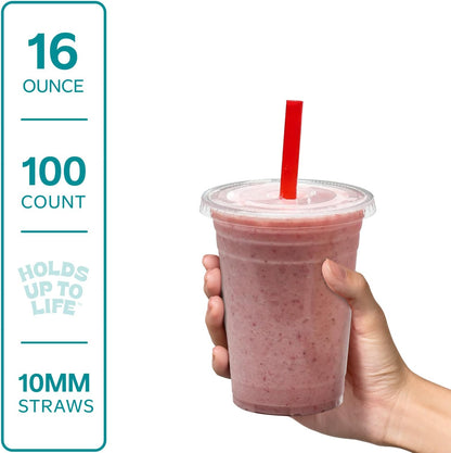GUSTO [24 oz. - 100 Count Clear Cups with Flat Lids & Straws - Disposable Clear Drinking Cups for Iced Coffee, Cold Drinks, Milkshakes, and Smoothies - Formerly Comfy Package