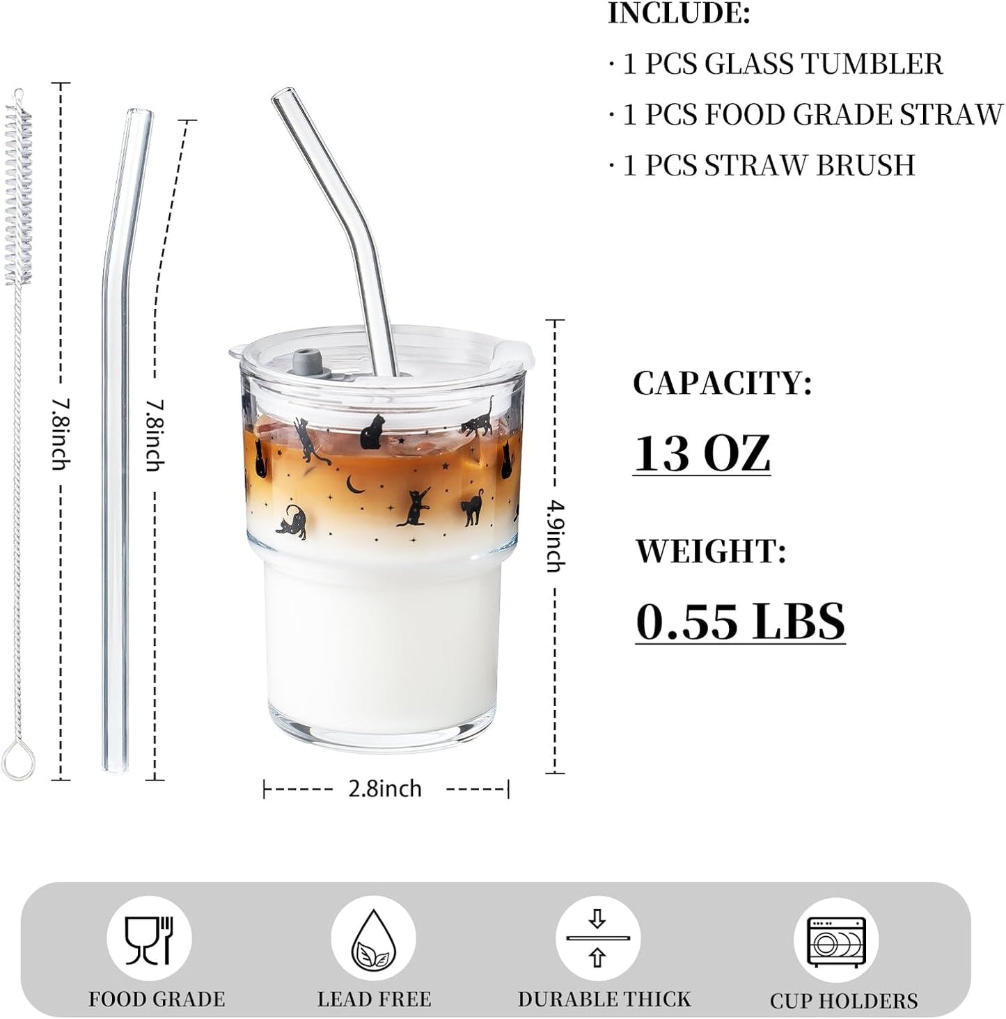 Olvini 13oz Glass Tumbler with Straw and Lid, Reusable Iced Coffee Cup Tumbler, Cute Glass Cups for Water, Matcha, Travel Coffee Mugs (Daisy)