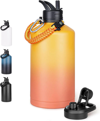 Fijinhom 24 oz Insulated Water Bottle with Handle, 304 Stainless Steel Water Bottles with Wide Mouth, Double Wall Vacuum Sports Water Bottle, BPA Free, Keep Cold and Hot, Black | with Handle