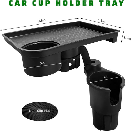 Car Cup Holder Tray, 2 in 1 Detachable Snack Food Tray Table with Cup Holder & Phone Slot, 360° Rotatable Cupholder Extender for Travel Road Essentials, Car Accessories