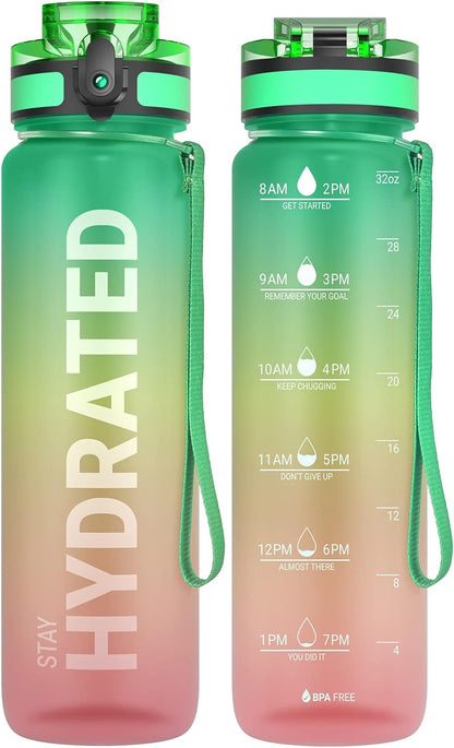 Sahara Sailor Water Bottle 32oz, Durable and Leakproof Water Bottles Motivational with Time Marker, Tritan, BPA Free, Wide Mouth with Easy Clean Brush for Gym, Travel, Home, School, Office (1 Bottle)