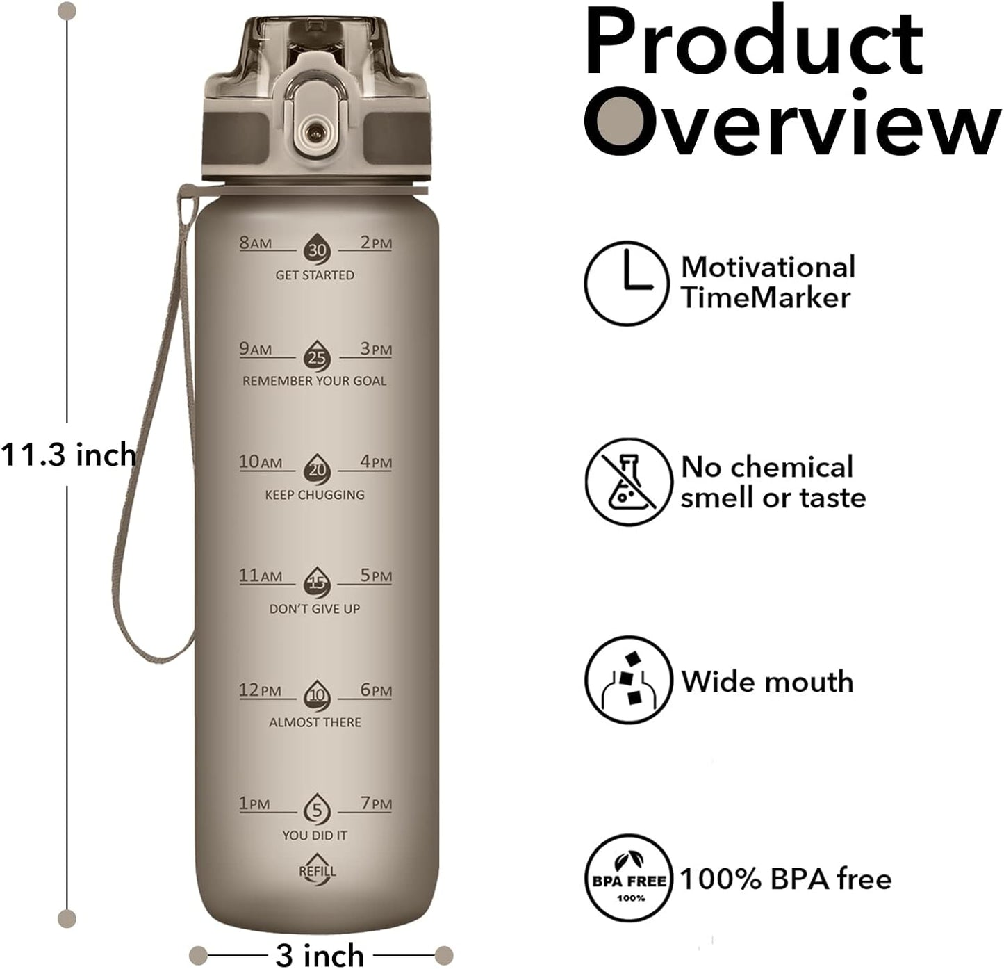 32oz Water Bottle with Time Marker, Motivational Drinking Bottle with Strap, BPA-Free Leak-Proof, Encouraging Water Bottle Time to Drink Water for Gym School Office Travel