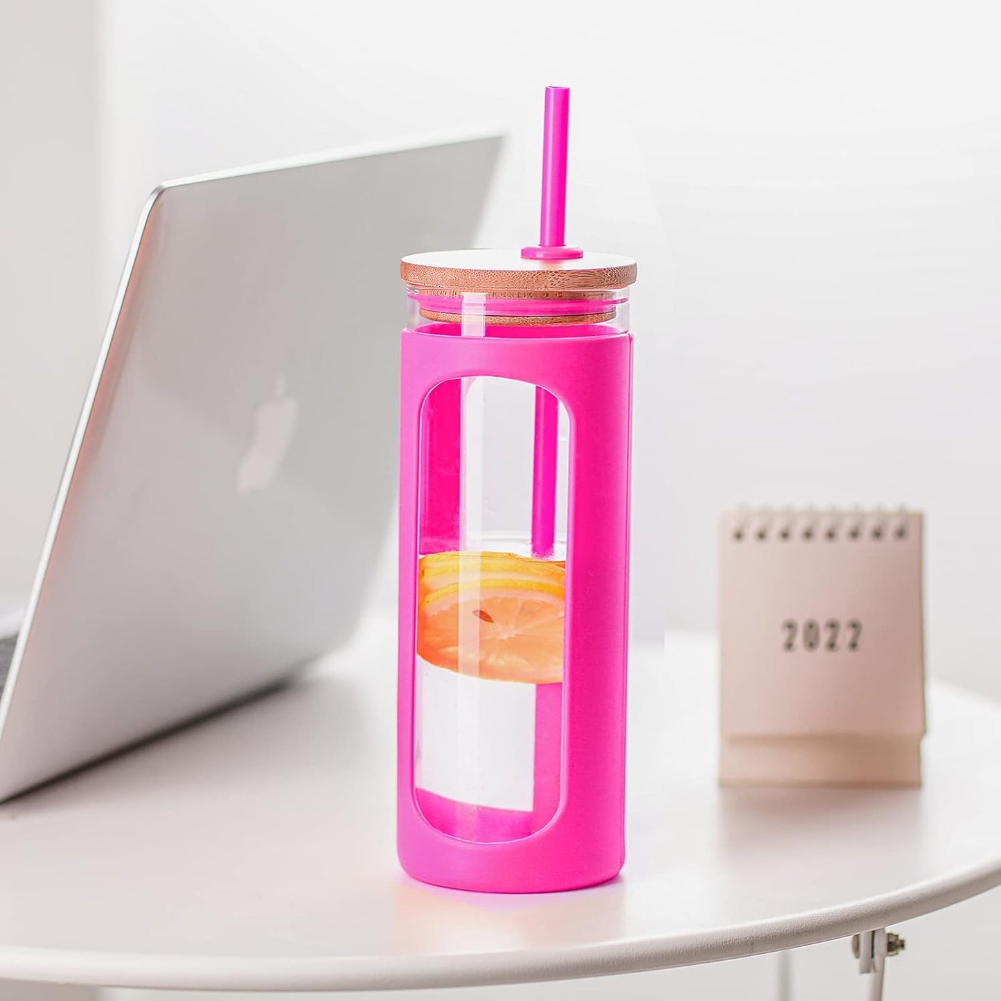 Kodrine 20oz Glass Water Tumbler with Straw and Lid, Bamboo Lids Water Bottle, Iced Coffee Cup Reusable, Wide Mouth Smoothie Cups with Protective Silicone Sleeve BPA FREE-Black - Colors B